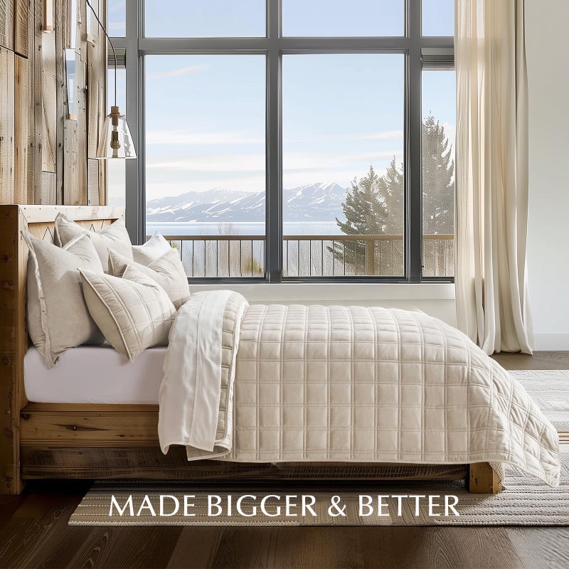 EVERGRACE 3 Pieces Luxurious Velvet Quilt King Size, Ultra Soft Bedspread Coverlet Set, Double Box Stitch Lightweight Velvet Comforter for All Season with 2 Shams, Beige, 108"x96" - Image 3