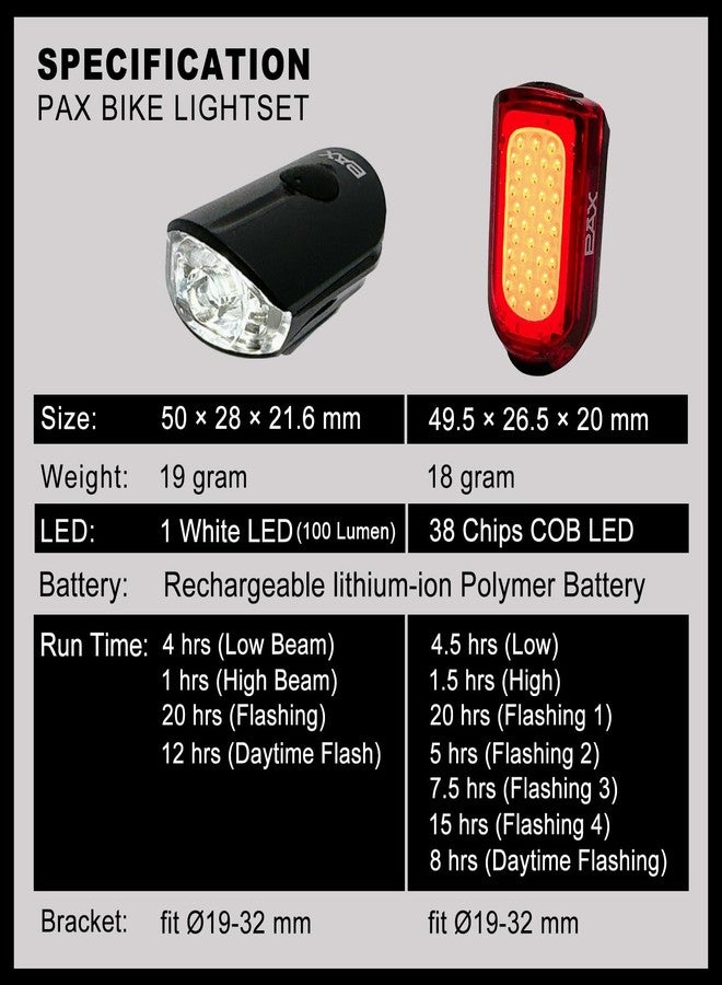 PAX Rechargeable USB Safety Bike Light Set, Bicycle Front Light and Rear, IPX4 Waterproof Standard, Multi Light Mode, Lightweight for Mountain or Road Bike - Image 2