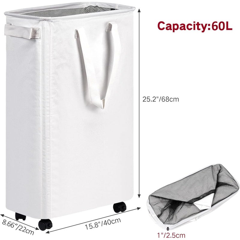 efluky Slim Laundry Hamper with Wheels, Rolling Laundry Basket for Clothes, Small Laundry Basket for Bedroom, Dorm and Laundry Room, 60L (12.7 Gallons) White - Image 4