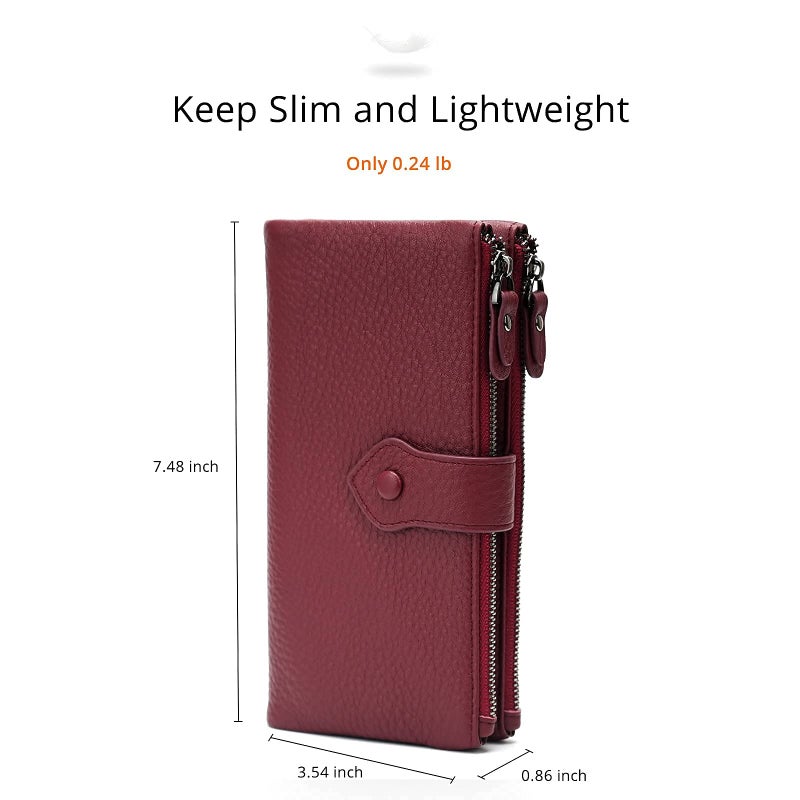 Bveyzi Women Soft Leather RFID Blocking Bifold Slim Wallets Ladies Credit Card Holder Double Zipper Pocket (Wine Red) - Image 3