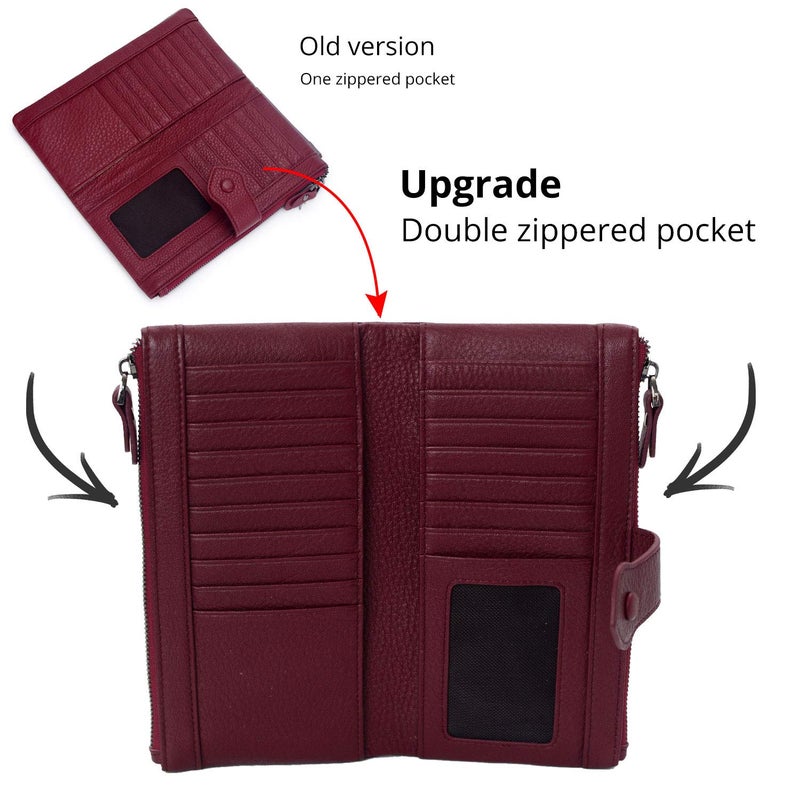 Bveyzi Women Soft Leather RFID Blocking Bifold Slim Wallets Ladies Credit Card Holder Double Zipper Pocket (Wine Red) - Image 5