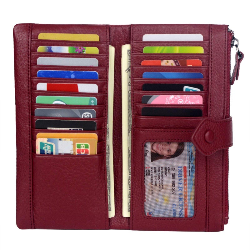 Bveyzi Women Soft Leather RFID Blocking Bifold Slim Wallets Ladies Credit Card Holder Double Zipper Pocket (Wine Red) - Image 1