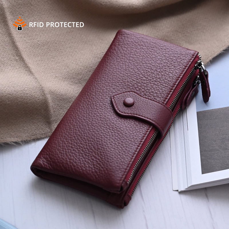 Bveyzi Women Soft Leather RFID Blocking Bifold Slim Wallets Ladies Credit Card Holder Double Zipper Pocket (Wine Red) - Image 2