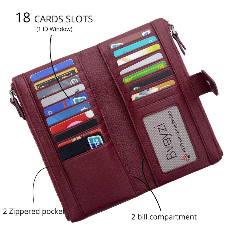 Bveyzi Women Soft Leather RFID Blocking Bifold Slim Wallets Ladies Credit Card Holder Double Zipper Pocket (Wine Red) - Image 4