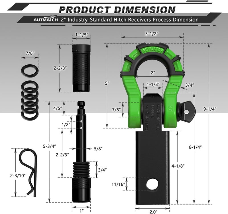 AUTMATCH Shackle Hitch Receiver 2" with 3/4" Mega D Ring Shackle and 5/8" Trailer Hitch Lock Pin, 68,000 Lbs Break Strength Heavy Duty Receiver Towing Kit for Off-Road Vehicle Recovery, Black & Green - Image 3