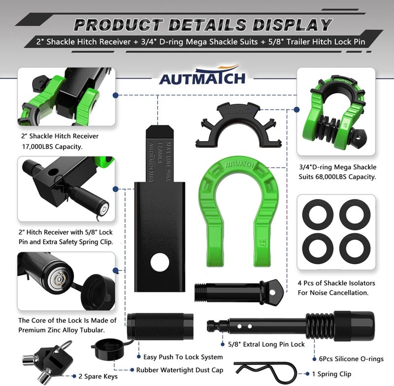 AUTMATCH Shackle Hitch Receiver 2" with 3/4" Mega D Ring Shackle and 5/8" Trailer Hitch Lock Pin, 68,000 Lbs Break Strength Heavy Duty Receiver Towing Kit for Off-Road Vehicle Recovery, Black & Green - Image 2