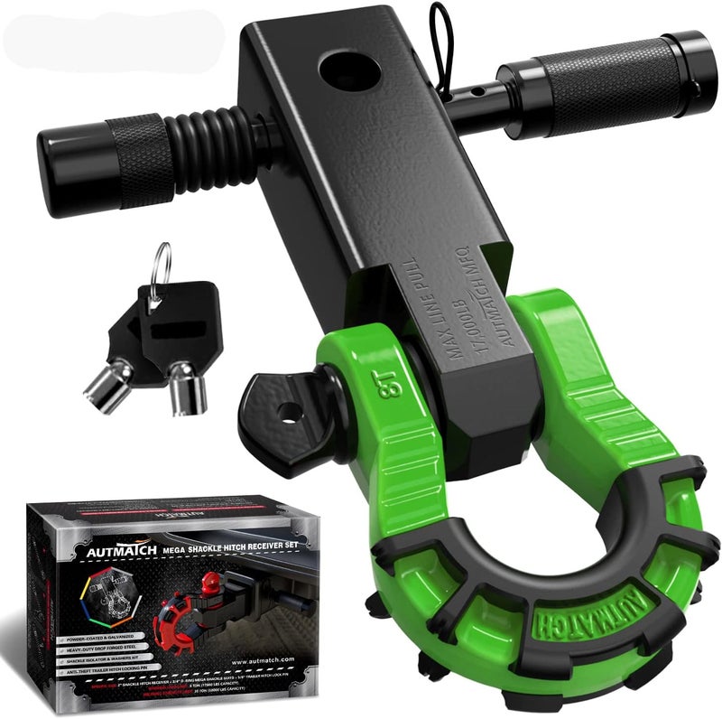 AUTMATCH Shackle Hitch Receiver 2" with 3/4" Mega D Ring Shackle and 5/8" Trailer Hitch Lock Pin, 68,000 Lbs Break Strength Heavy Duty Receiver Towing Kit for Off-Road Vehicle Recovery, Black & Green - Image 1