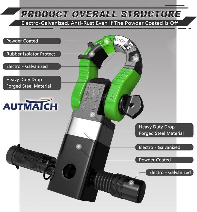 AUTMATCH Shackle Hitch Receiver 2" with 3/4" Mega D Ring Shackle and 5/8" Trailer Hitch Lock Pin, 68,000 Lbs Break Strength Heavy Duty Receiver Towing Kit for Off-Road Vehicle Recovery, Black & Green - Image 4