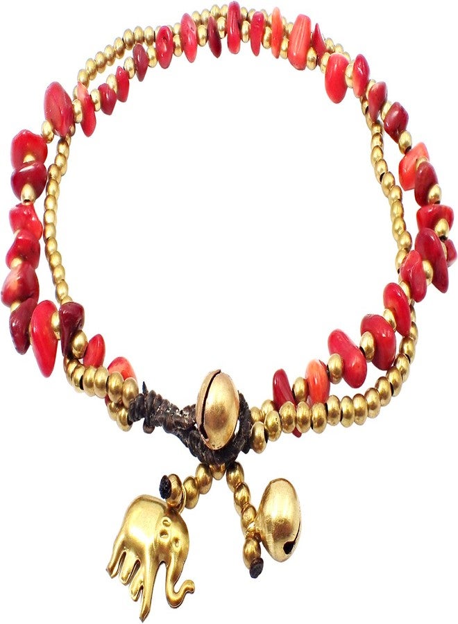 Bijoux de Ja Handmade Red Carnelian Stone Elephant Charm Brass Beads Anklets Bracelet 10 Inches - Image 1