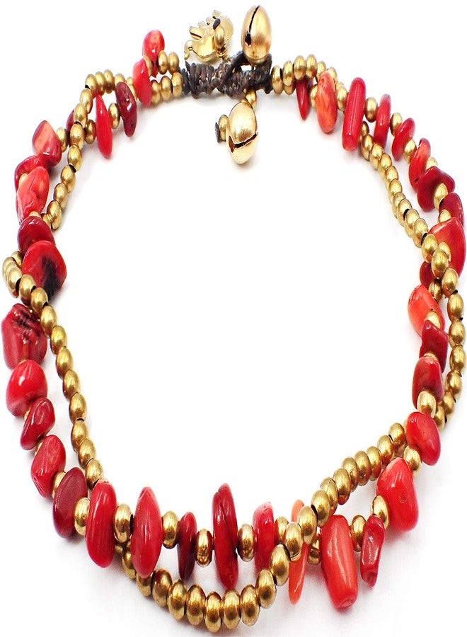 Bijoux de Ja Handmade Red Carnelian Stone Elephant Charm Brass Beads Anklets Bracelet 10 Inches - Image 2