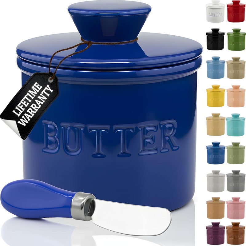 Priority Chef PriorityChef Butter Crock with Lid with Water Line, Ceramic French Butter Dish to Leave On Counter, Dark Blue - Image 1