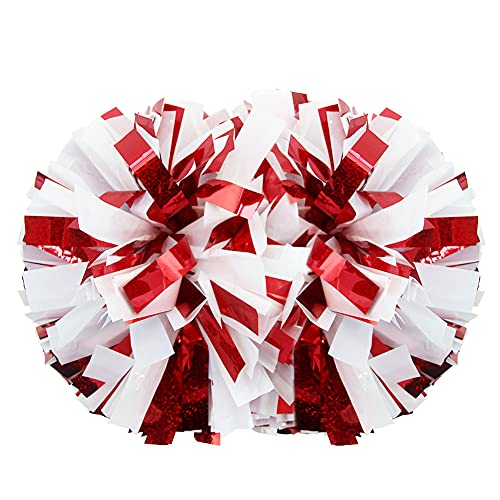 Hooshing 2PCS Red and White Pom Poms Cheerleading Holographic Spot Cheer Pompoms with Baton Handle for Team Spirit Sports Dance Cheering Kids Adults - Image 1