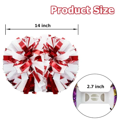 Hooshing 2PCS Red and White Pom Poms Cheerleading Holographic Spot Cheer Pompoms with Baton Handle for Team Spirit Sports Dance Cheering Kids Adults - Image 3