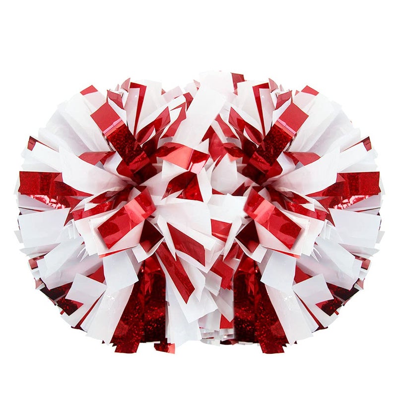 Hooshing 2PCS Red and White Pom Poms Cheerleading Holographic Spot Cheer Pompoms with Baton Handle for Team Spirit Sports Dance Cheering Kids Adults - Image 2