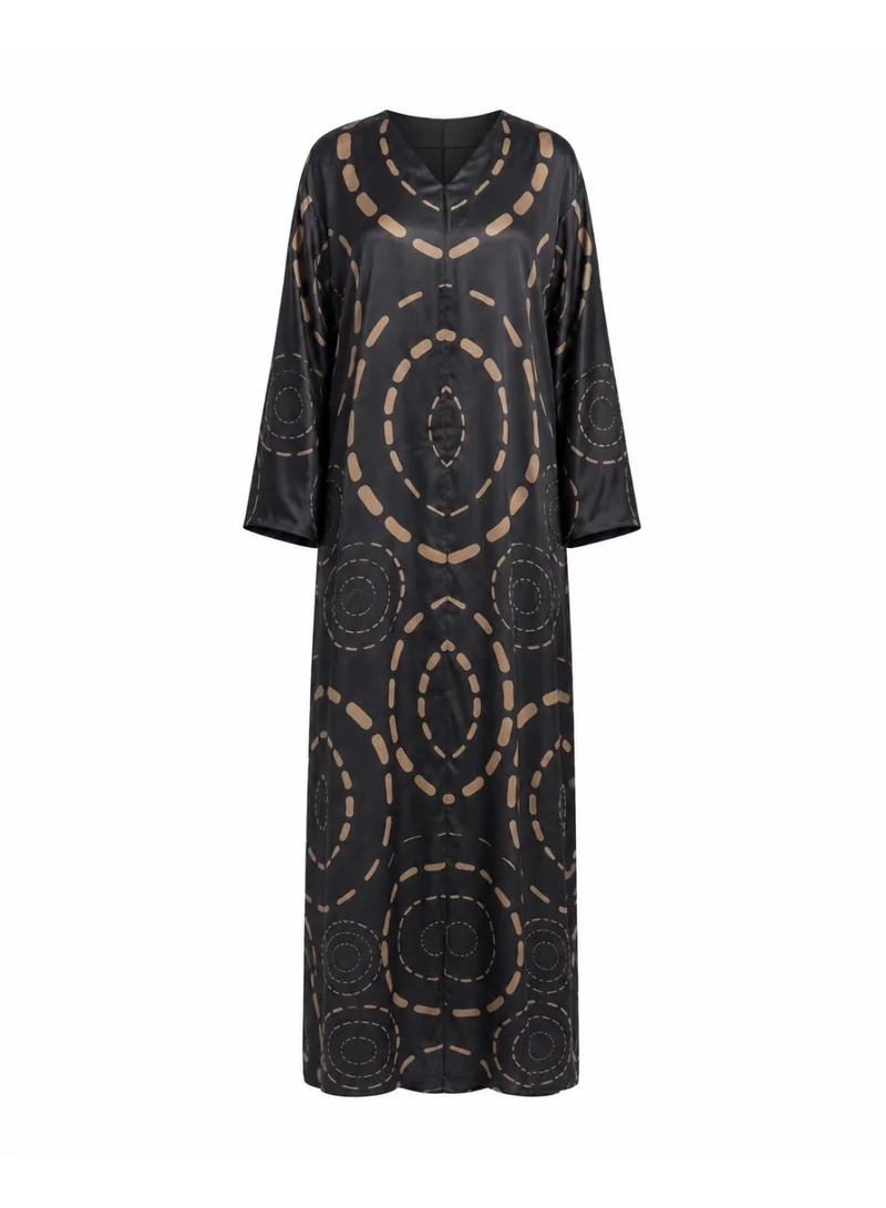 Amnad International  Halo Silk Abaya with Matching Chiffon Hijab, Black Geometric Circle Print, Sizes 52-60 inches for Women | Best Price UAE