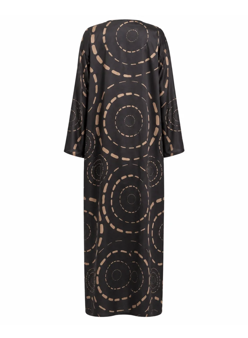 Amnad International Halo Silk Abaya with Matching Chiffon Hijab, Black Geometric Circle Print, Sizes 52-60 inches