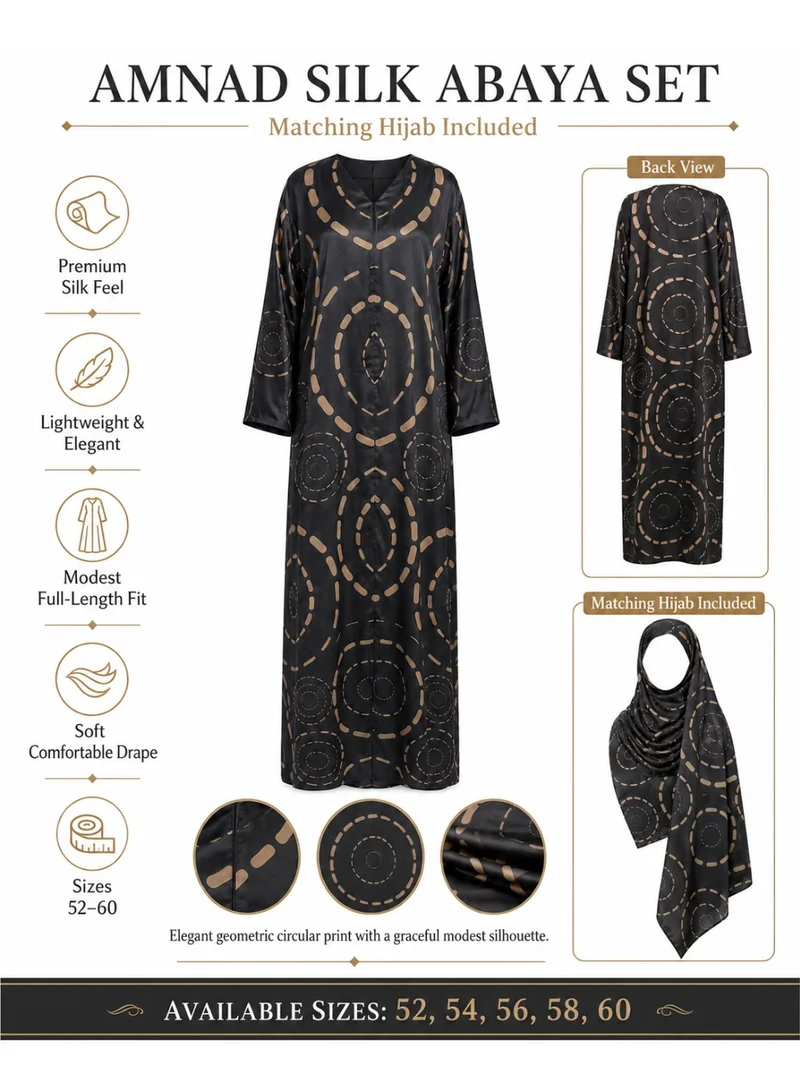 Amnad International  Halo Silk Abaya with Matching Chiffon Hijab, Black Geometric Circle Print, Sizes 52-60 inches for Women | Best Price UAE