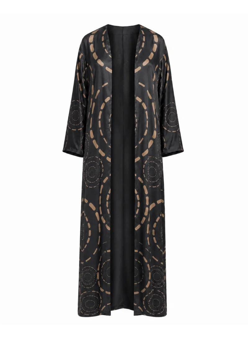 Amnad International Halo Silk Abaya with Matching Chiffon Hijab, Black Geometric Circle Print, Sizes 52-60 inches