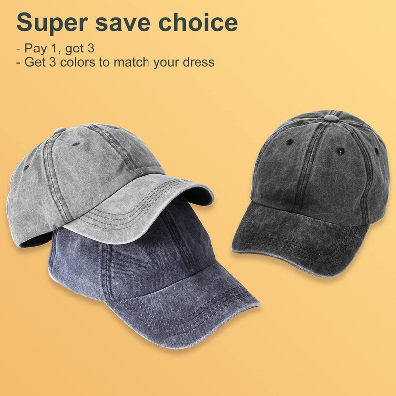 MEINICY 3 Pack Washed Plain Baseball Cap, Retro Adjustable Dad Hat Gifts for Men/Women,Unstructured/Cotton (Black+Gray+Navy) - Image 2