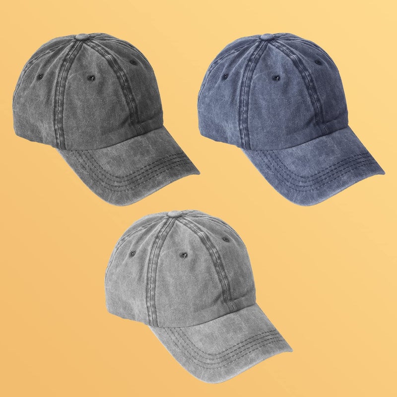 MEINICY 3 Pack Washed Plain Baseball Cap, Retro Adjustable Dad Hat Gifts for Men/Women,Unstructured/Cotton (Black+Gray+Navy) - Image 3