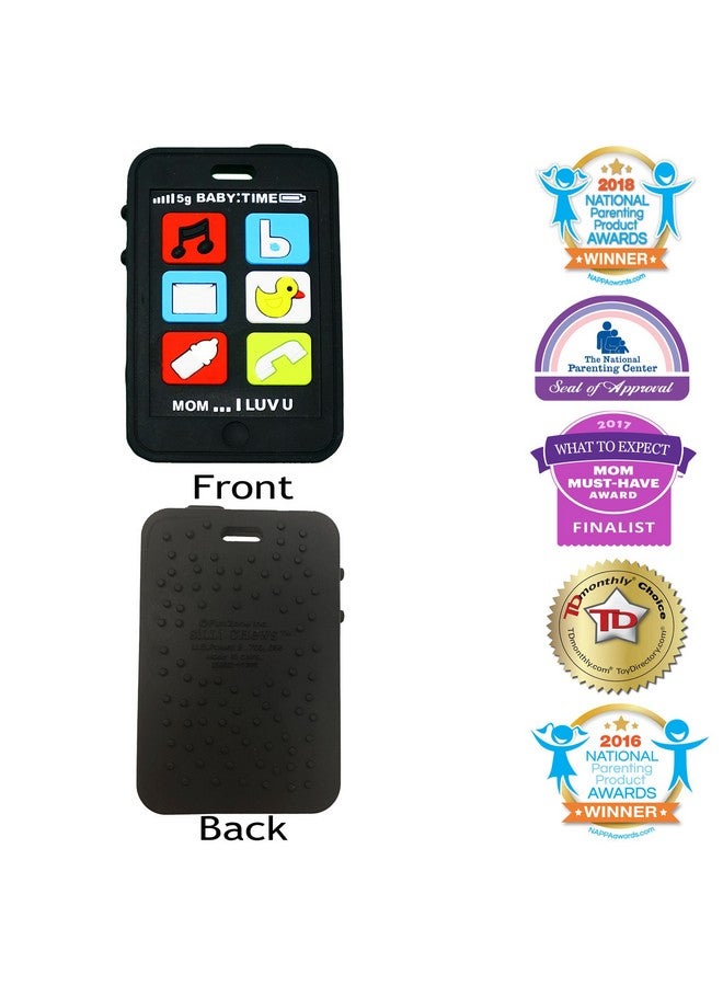 Silli Chews Cute Baby Teether Cell Phone Kids Pretend Play Toy Fake Phone For Babies Telephone Mobile Safe Silicone Teething Toy Infant Pain Relief Apple Black Smart Chatter ; Silly Chew Toy - Image 3