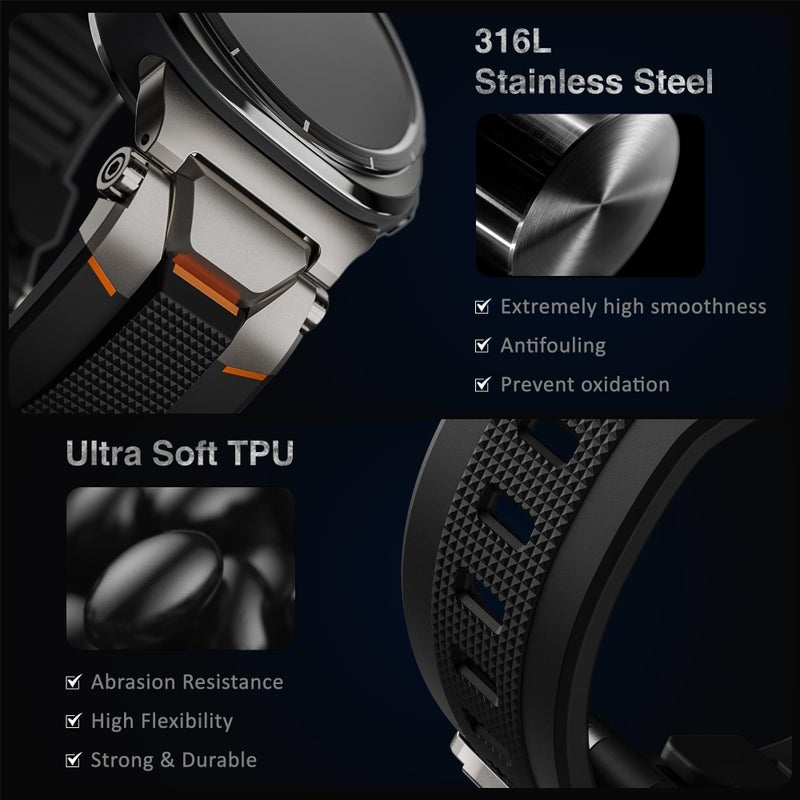 ULTIMAL Watch Band for Samsung Galaxy Watch Ultra 47mm(2025/2024) Compatible with Samsung Watch Strap Bands for Men Sport Bands for Watch Rugged Premium TPU & Metal (Black+Silver) - Image 2