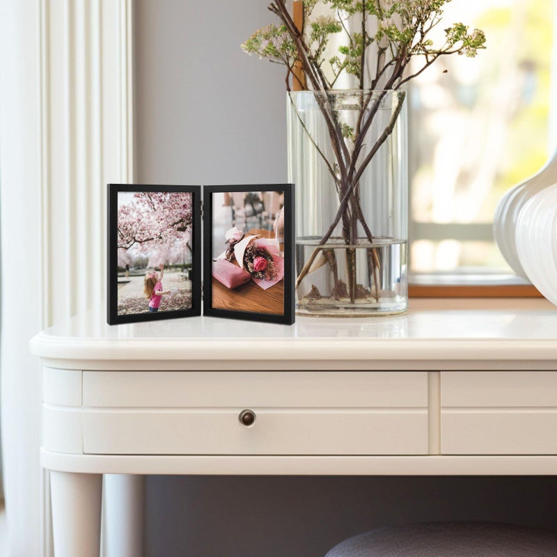 Space Art Deco 4x6 Double Hinged Picture Frame  2 Folding Picture Frames  Bifold Photo Frame with Glass  Stand Vertically on Desktop or Tabletop  Christmas Decorations  Black - Image 3