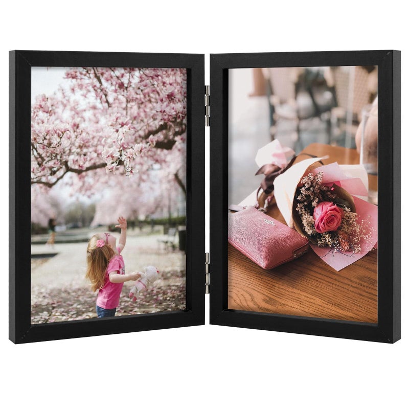 Space Art Deco 4x6 Double Hinged Picture Frame  2 Folding Picture Frames  Bifold Photo Frame with Glass  Stand Vertically on Desktop or Tabletop  Christmas Decorations  Black - Image 1