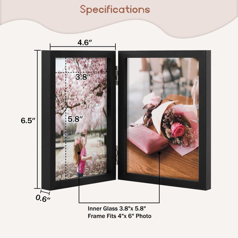 Space Art Deco 4x6 Double Hinged Picture Frame  2 Folding Picture Frames  Bifold Photo Frame with Glass  Stand Vertically on Desktop or Tabletop  Christmas Decorations  Black - Image 2
