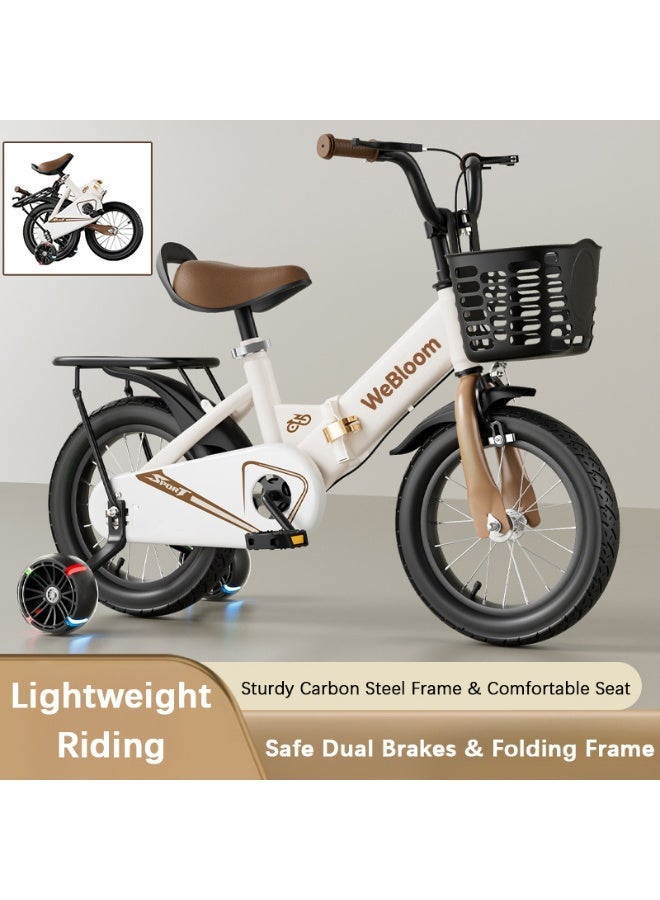 WeBloom Foldable Kids Bike 12-14 Inch With  Sturdy Steel Frame,Flashing Training Wheels & Back Seat, Adjustable Handlebar And Seat, Safe White Bicycle for 2-6 Years Kids - Image 1