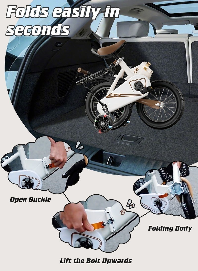 WeBloom Foldable Kids Bike 12-14 Inch With  Sturdy Steel Frame,Flashing Training Wheels & Back Seat, Adjustable Handlebar And Seat, Safe White Bicycle for 2-6 Years Kids - Image 2