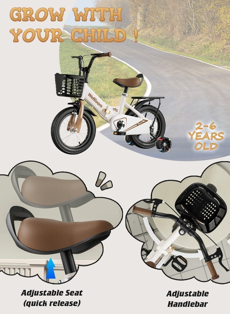WeBloom Foldable Kids Bike 12-14 Inch With  Sturdy Steel Frame,Flashing Training Wheels & Back Seat, Adjustable Handlebar And Seat, Safe White Bicycle for 2-6 Years Kids - Image 4