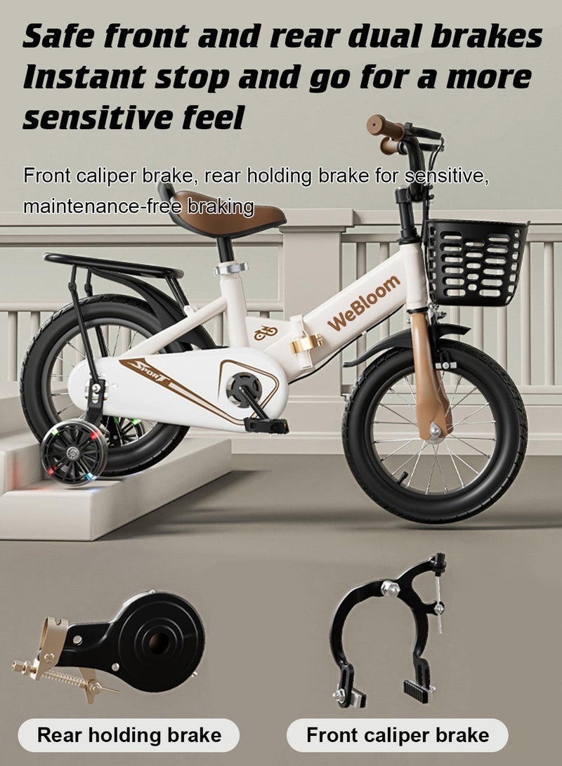 WeBloom Foldable Kids Bike 12-14 Inch With  Sturdy Steel Frame,Flashing Training Wheels & Back Seat, Adjustable Handlebar And Seat, Safe White Bicycle for 2-6 Years Kids - Image 3