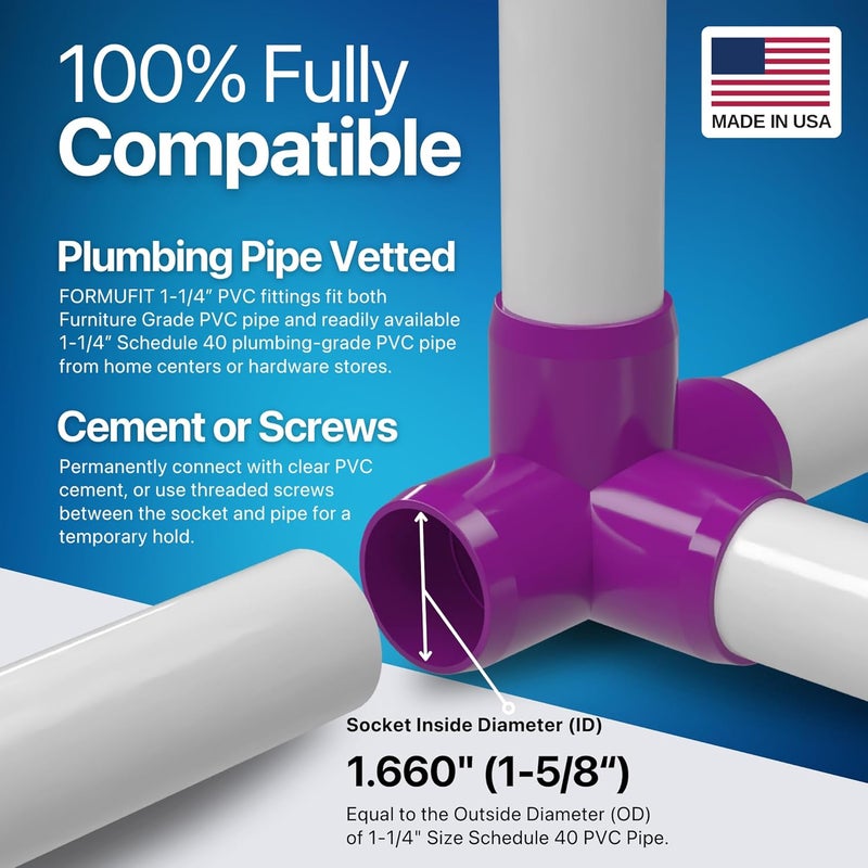 FORMUFIT 1-1/4” 4-Way Tee Furniture Grade PVC Fitting in Purple, Made in USA, UV-Resistant, Impact-Proof, 1.660” Actual Socket Diameter (Pack of 4) - F1144WT-PU-4 - Image 5