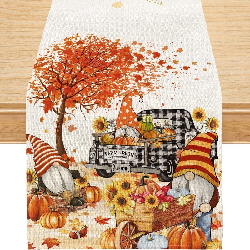 Fall Table Runner Watercolour Gnome Harvest Truck Pumpkins Runner Seasonal Autumn Thanksgiving Holiday Decor for Indoor Outdoor Dining Table Decorations 13x72 Inch