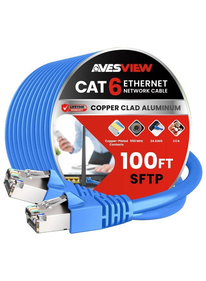 AvesView CAT 6 Shielded Ethernet Cable 100 FT, Indoor High-Speed (SFTP) 10Gbps Snagless Shielded 100FT Ethernet Cable for Internet, Router, Computer, PlayStation, Xbox, POE Camera, Printer - Blue - Image 1
