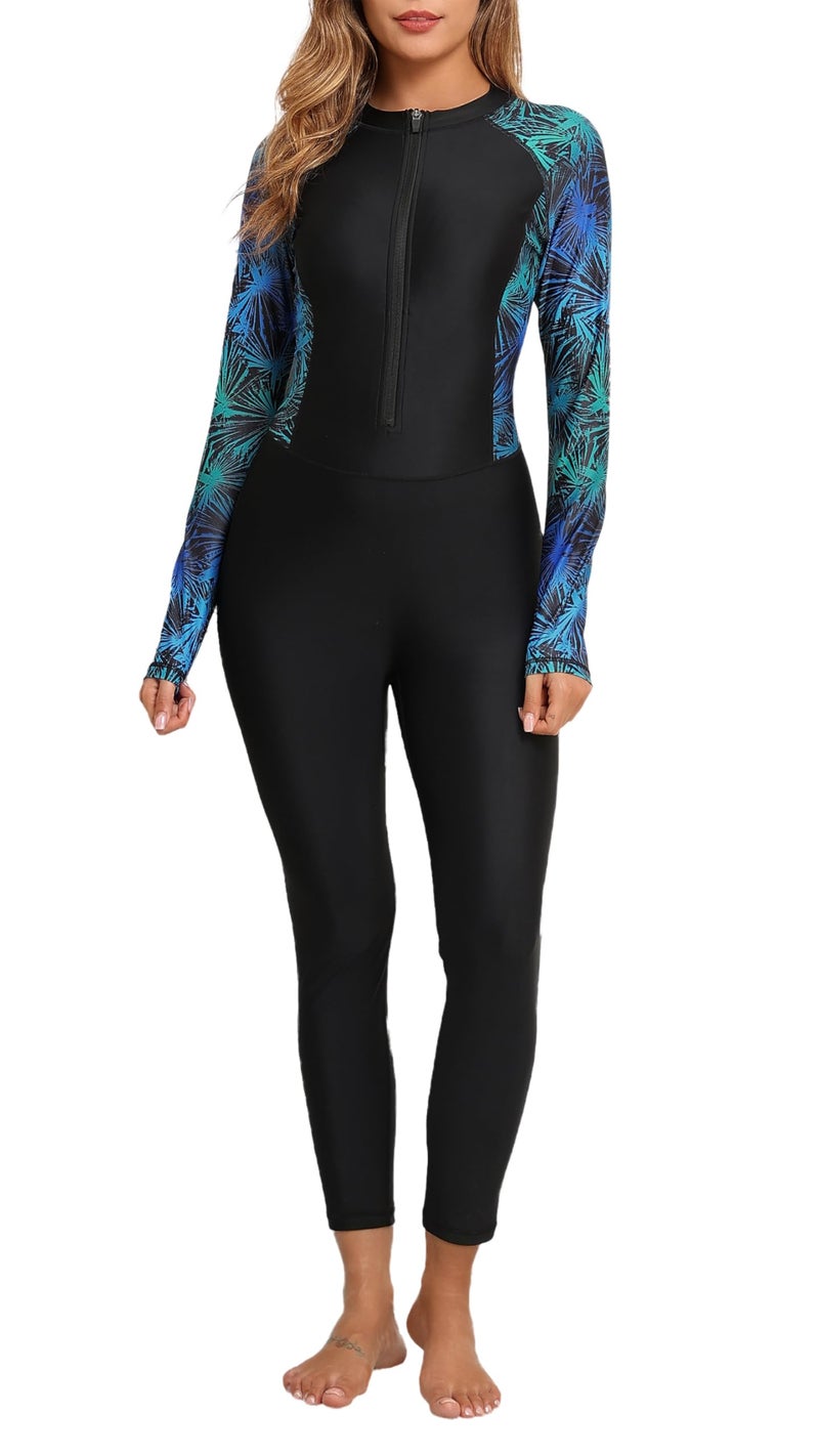ALLTOKE Womens Full Body Zip Front Rash Guard Long Sleeve One Piece Bathing Suit with Built in Bra UPF50 Surf Swimsuit Black Green Lines L