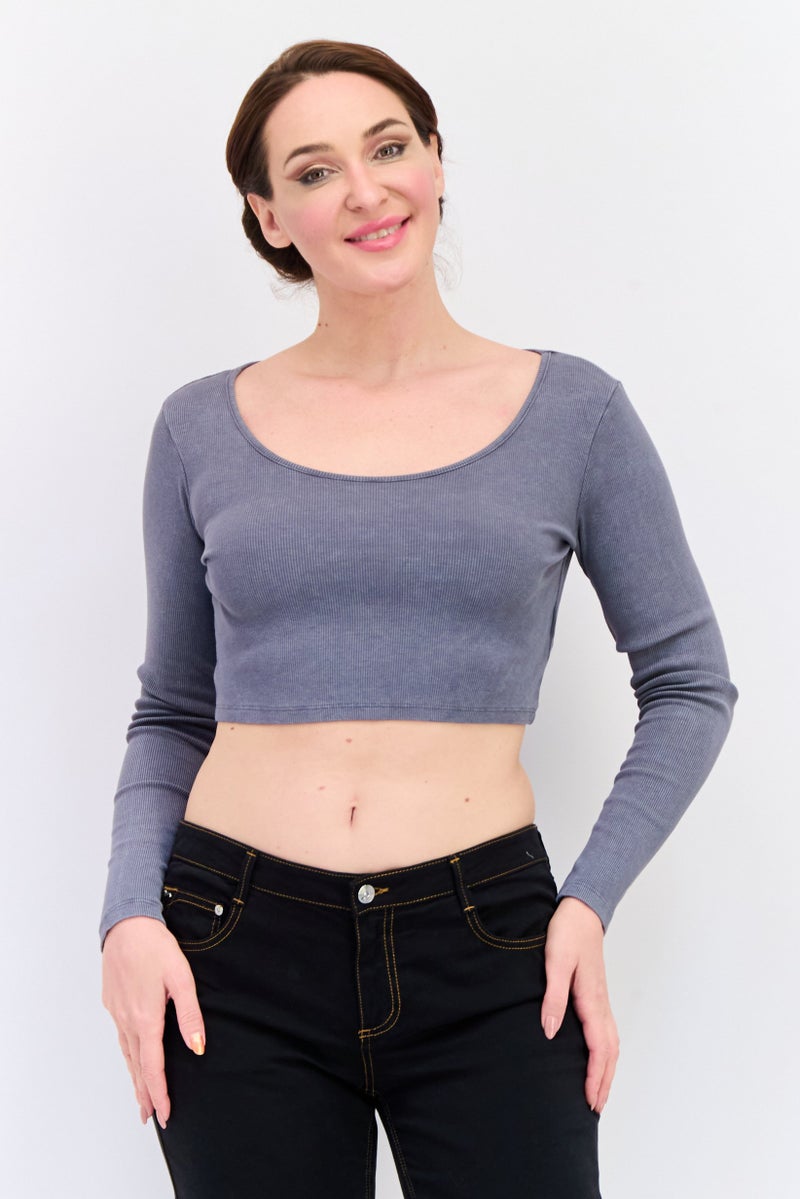 Reserved Women Scoop Neck Long Sleeve Ribbed Crop Top, Grey - Image 1
