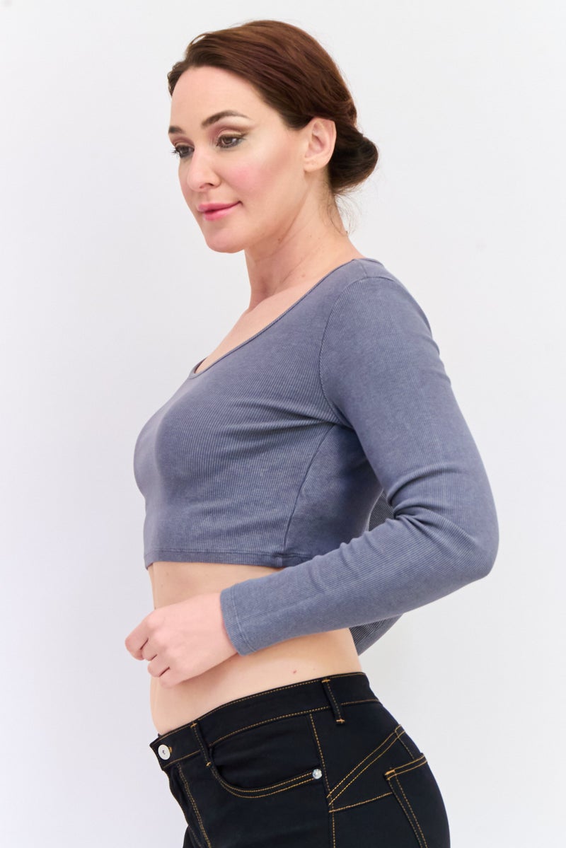 Reserved Women Scoop Neck Long Sleeve Ribbed Crop Top, Grey - Image 2