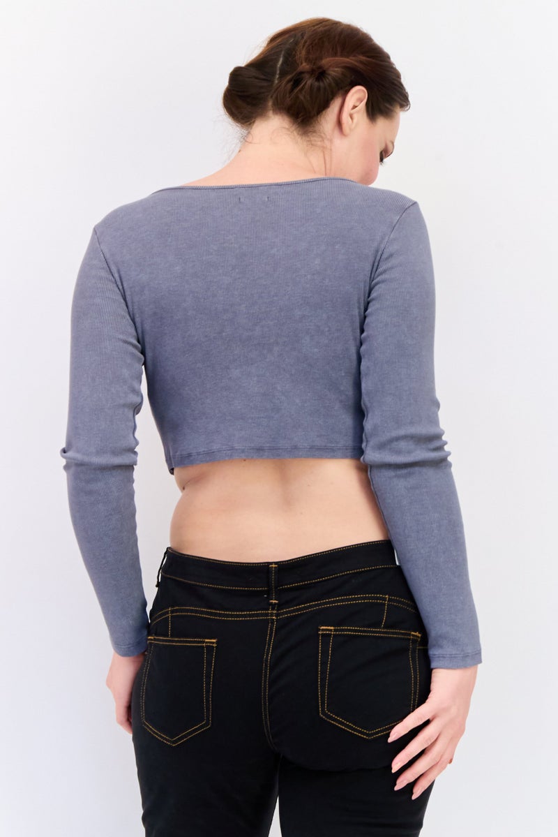 Reserved Women Scoop Neck Long Sleeve Ribbed Crop Top, Grey - Image 3