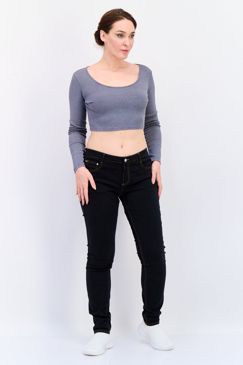 Reserved Women Scoop Neck Long Sleeve Ribbed Crop Top, Grey - Image 4