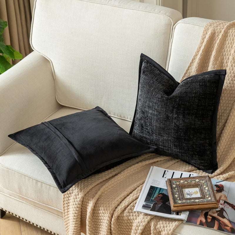 Yaertun Pack of 2 Chenille Textured Decorative Throw Pillow Covers Accent Solid Cushion Cover Soft Cozy Pillow Case with Velvet Back for Couch Sofa Bed Living Room 22x22 Inch Black - Image 2