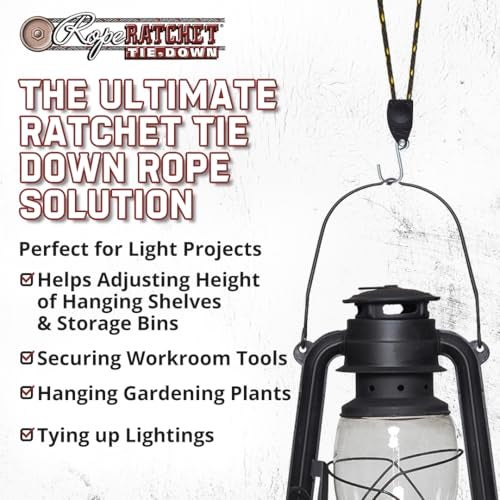 Rope Ratchet 1/8" Hanger Rope Tie Down with 6' Solid Braided Polypropylene, Ideal for Kayak, Canoe, Tent, Grow Lights, Canopy, Outdoor Gear, 75 lbs Capacity - Image 4