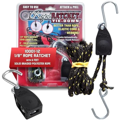 Rope Ratchet 1/8" Hanger Rope Tie Down with 6' Solid Braided Polypropylene, Ideal for Kayak, Canoe, Tent, Grow Lights, Canopy, Outdoor Gear, 75 lbs Capacity - Image 1