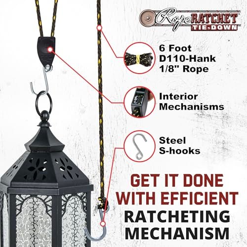 Rope Ratchet 1/8" Hanger Rope Tie Down with 6' Solid Braided Polypropylene, Ideal for Kayak, Canoe, Tent, Grow Lights, Canopy, Outdoor Gear, 75 lbs Capacity - Image 5