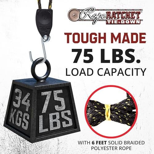 Rope Ratchet 1/8" Hanger Rope Tie Down with 6' Solid Braided Polypropylene, Ideal for Kayak, Canoe, Tent, Grow Lights, Canopy, Outdoor Gear, 75 lbs Capacity - Image 2