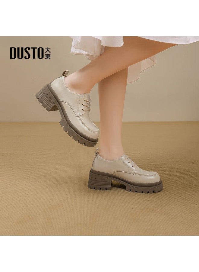 Dusto Women's Loafers Autumn New Simple Chunky Heel Lace-up Round Toe Plain 0624 Brown 38 - Image 2