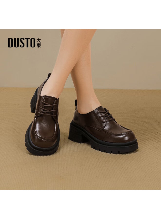 Dusto Women's Loafers Autumn New Simple Chunky Heel Lace-up Round Toe Plain 0624 Brown 38 - Image 1