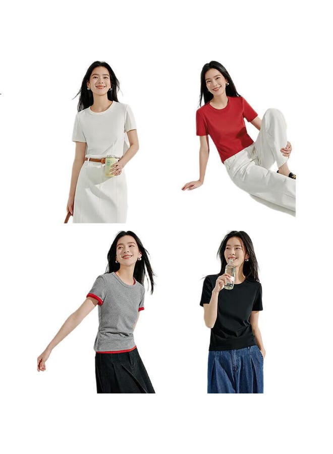 INMAN Women'S Solid Color Short Sleeve T-Shirt Spring Summer Basic Top Flower Gray - Round Neck M - Image 2