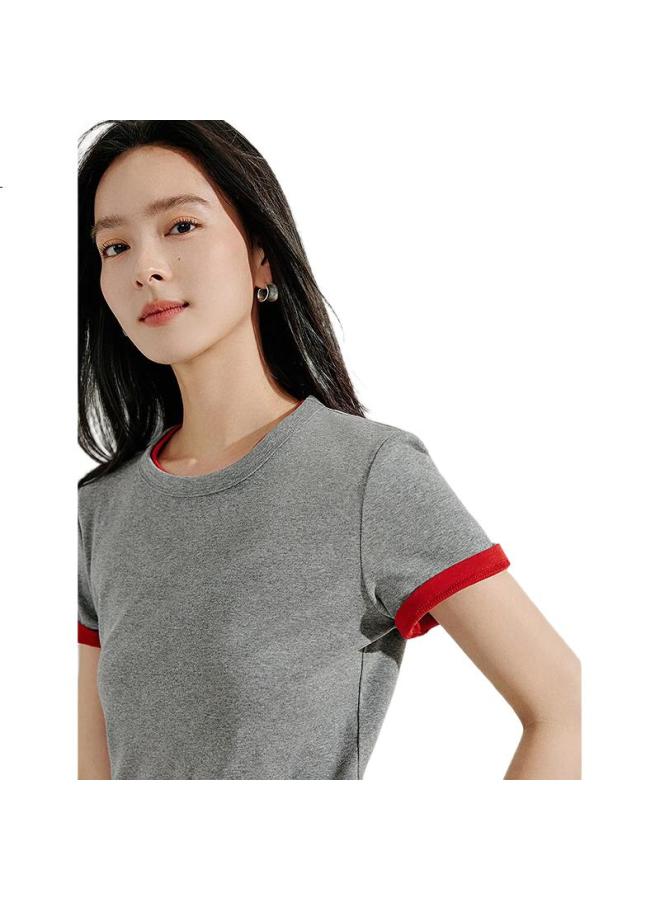 INMAN Women'S Solid Color Short Sleeve T-Shirt Spring Summer Basic Top Flower Gray - Round Neck M - Image 1